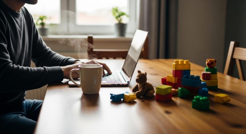 A parent (or couple) working on a laptop at a kitchen table with a coffee mug and child’s toys in view. Natural lighting, realistic tone.
