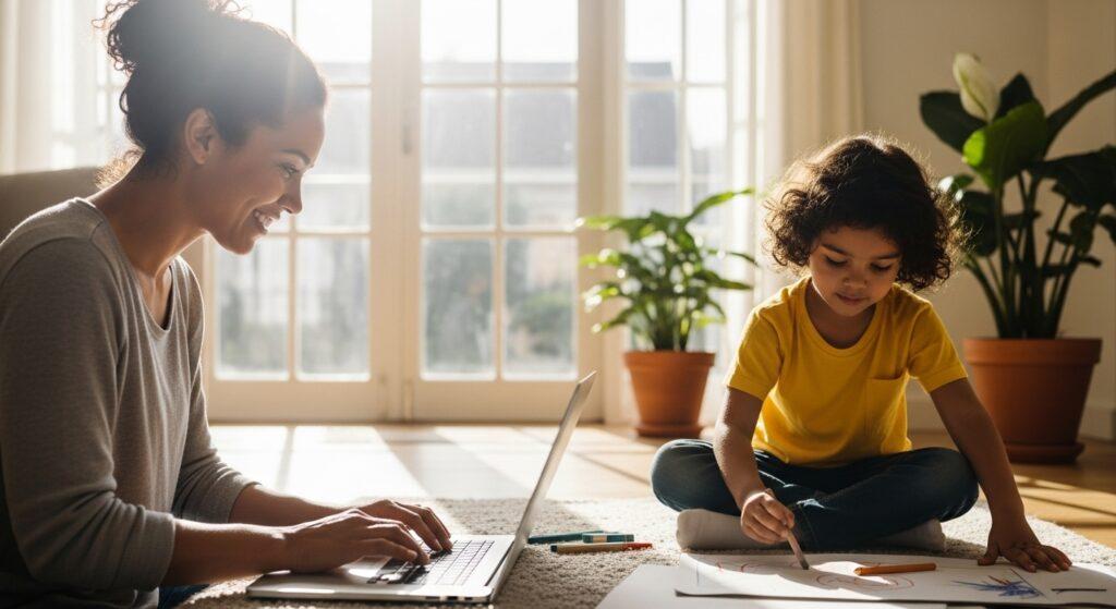 Bright, optimistic photo of a parent typing on a laptop with a child nearby, sunlight in the background, symbolizing freedom and balance.