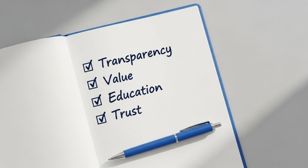 Flat lay of a checklist notebook with 4 ticks Transparency, Value, Education, Trust