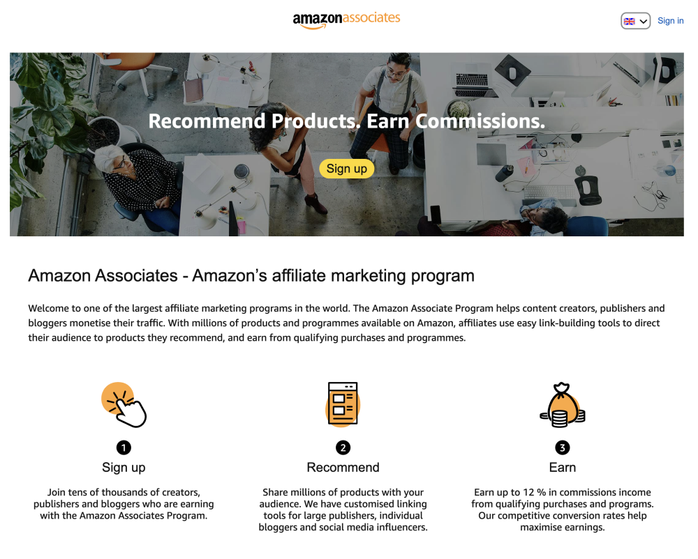 amazon associates sign up page