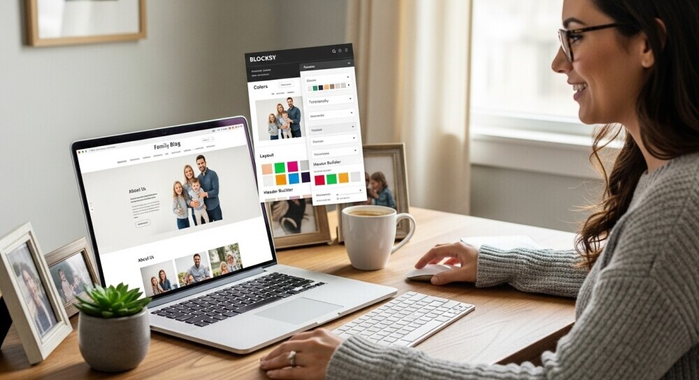 Family blogger customizing blog design using Blocksy theme