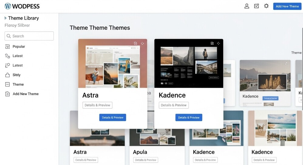 Screenshot of WordPress theme library showing Astra and Kadence