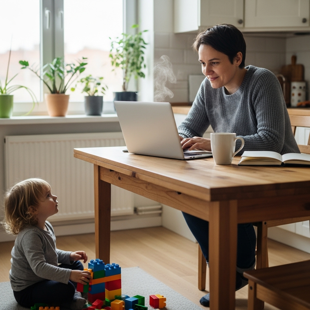 parent blogger at kitchen table, child playing nearby