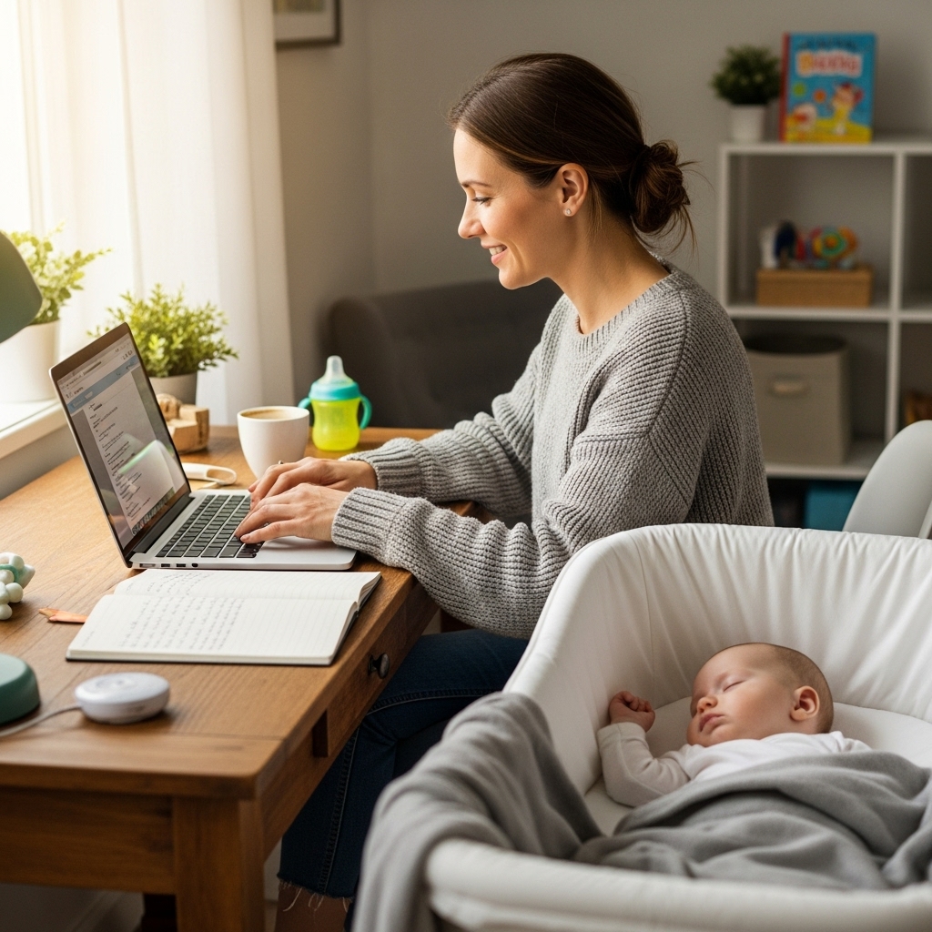 parent blogger working at laptop, baby napping