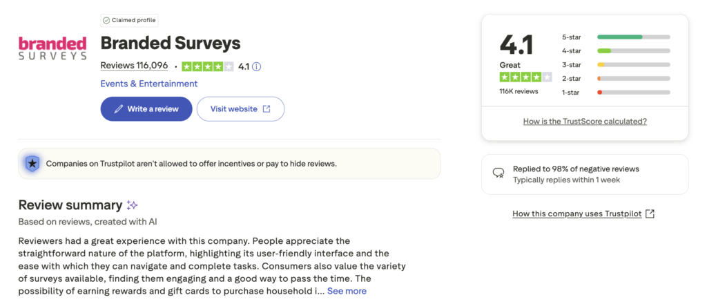 branded surveys trustpilot profile