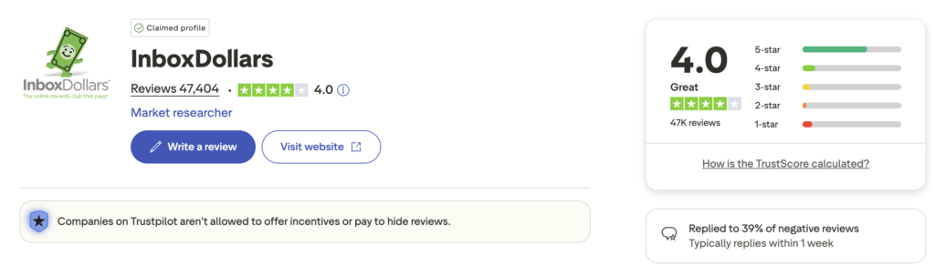 inboxdollars trustpilot ranking