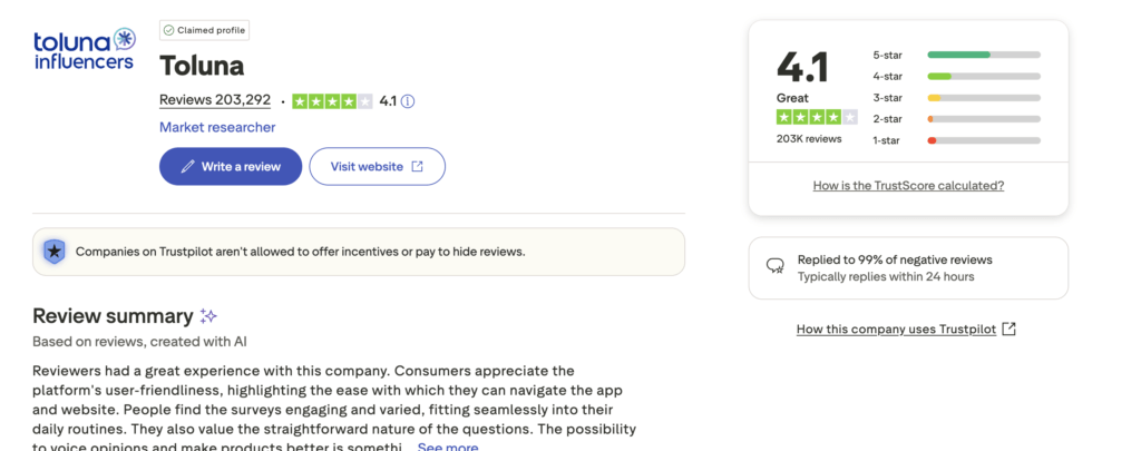 toluna trustpilot profile