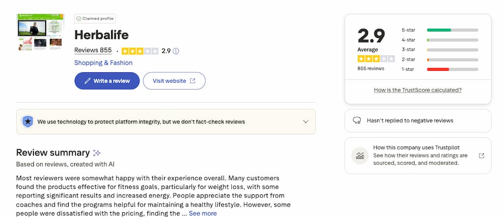 herbalife trustpilot profile