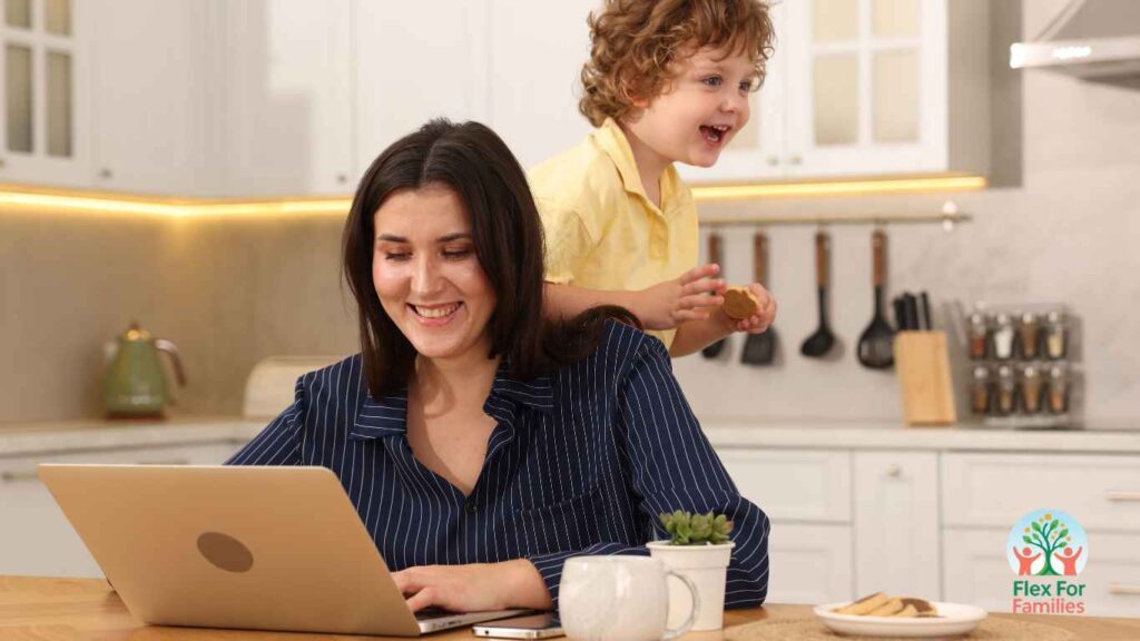 Parent planning online jobs from home using a laptop and notebook