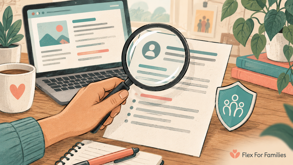 Magnifying glass over an illustrated job document beside a laptop.
