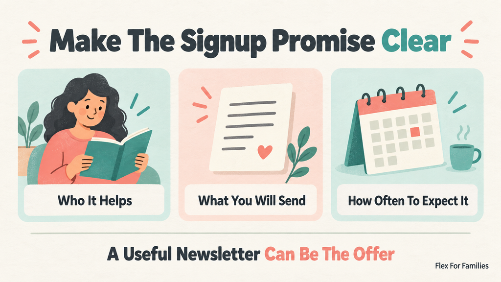 A clear signup promise explains who the newsletter helps, what it sends and how often