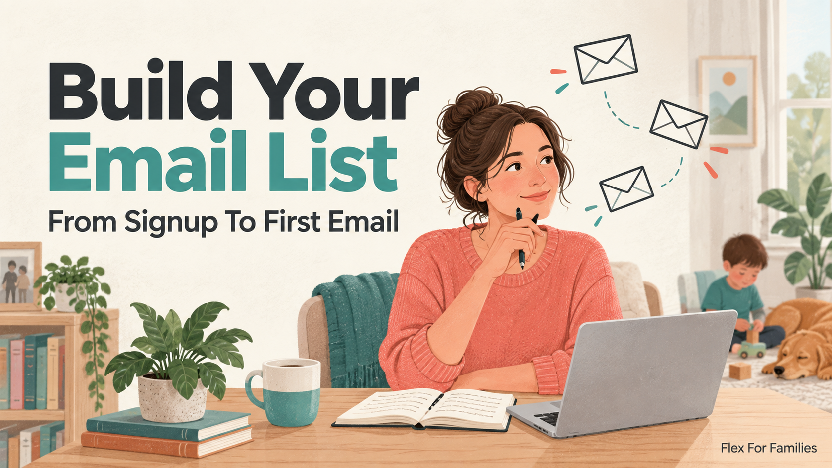 Parent planning an email newsletter at a home desk beside the title Build Your Email List