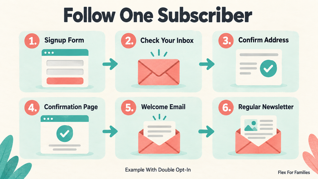 Example with double opt-in: form, check inbox, confirm address, confirmation page, welcome email and regular newsletter