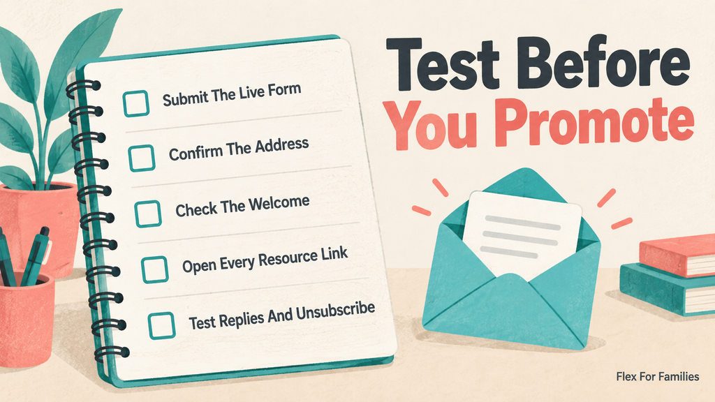 Test the live form, confirmation, welcome, resource links, replies and unsubscribe before promotion