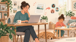 Parent working on a blog at home while a child draws nearby.