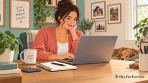 Woman reviewing opportunities on a laptop at a quiet home desk.