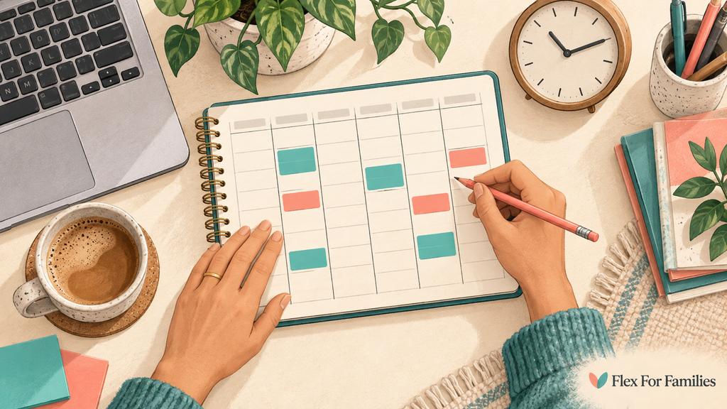 Hands marking available work sessions in a weekly planner.