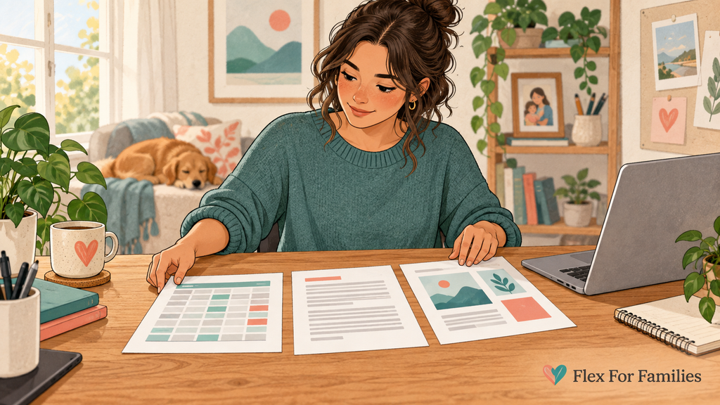 Woman arranging example spreadsheet, writing and content samples beside a laptop.