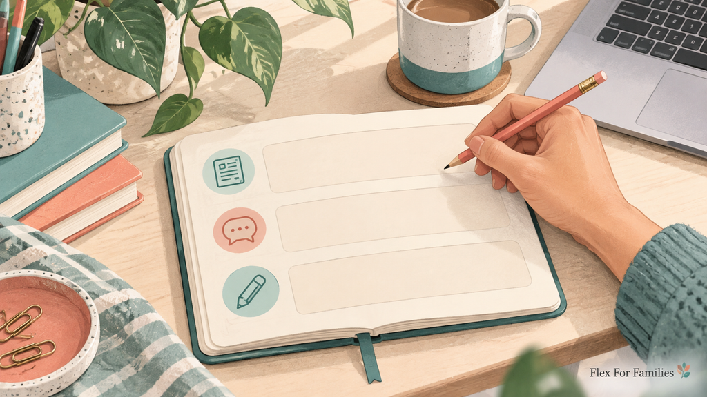 Hand holding a pencil above a notebook with spaces for an article, feedback and the next action.