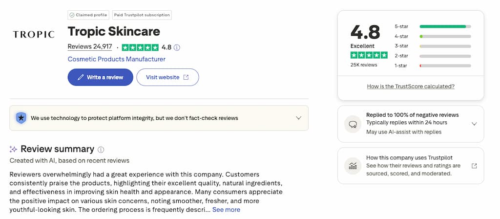 tropic skincare trustpilot profile