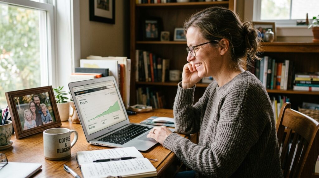Parent blogger earning first affiliate income from a blog