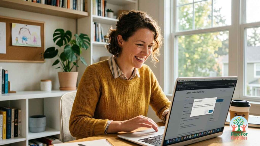 Parent confidently launching a blog website on a laptop