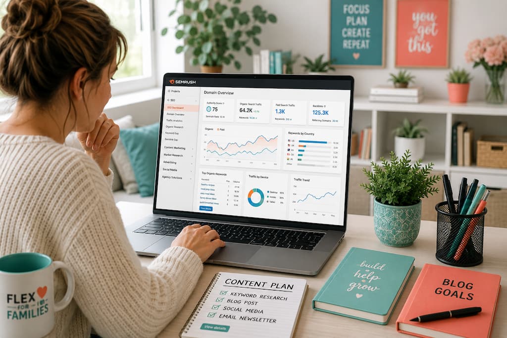 A blogger analysing digital marketing reports on a laptop with SEO, content, and social media dashboards visible in a bright home office.